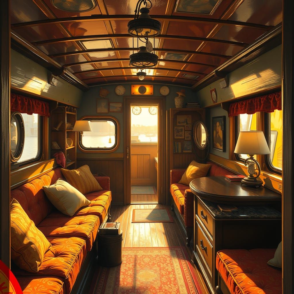 Cozy Houseboat Interior in Golden Light
