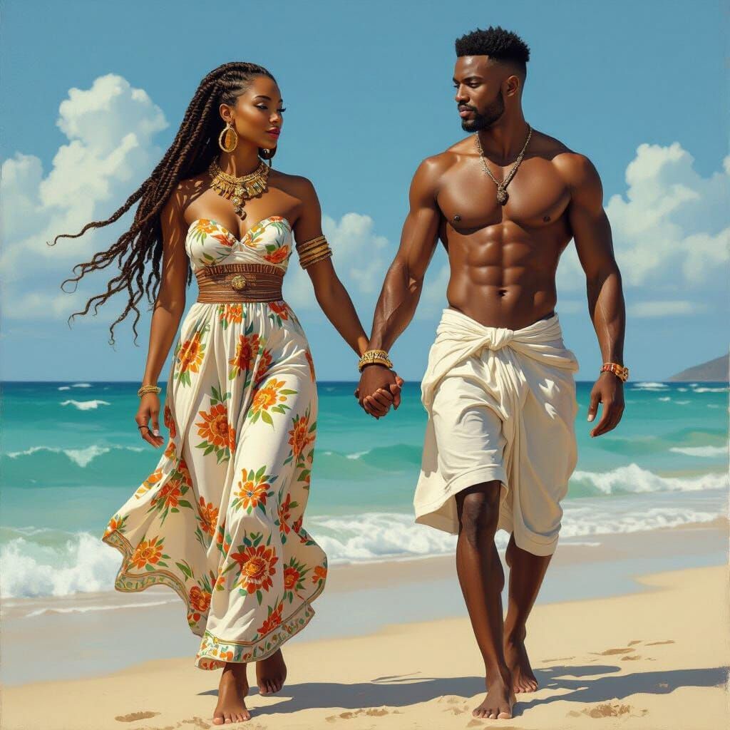 African Gods on Beach in Oil Painting Style