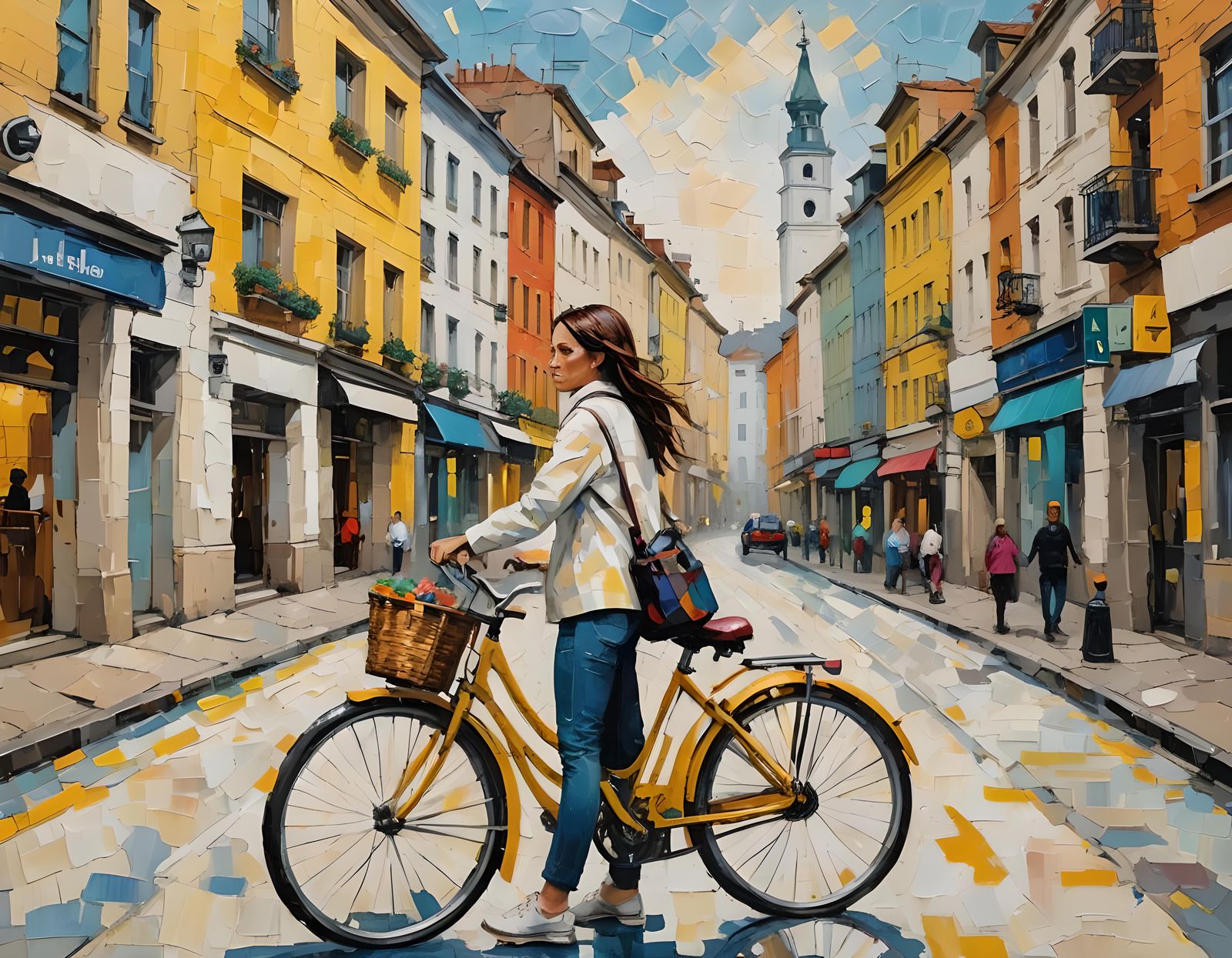Girl on Yellow Bicycle in Neo-Impressionist Style