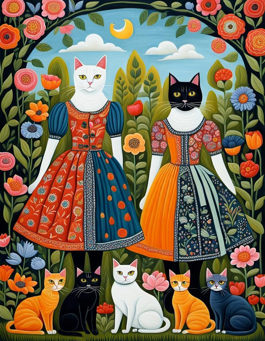 Cats in Dresses: Whimsical Gouache Garden Scene