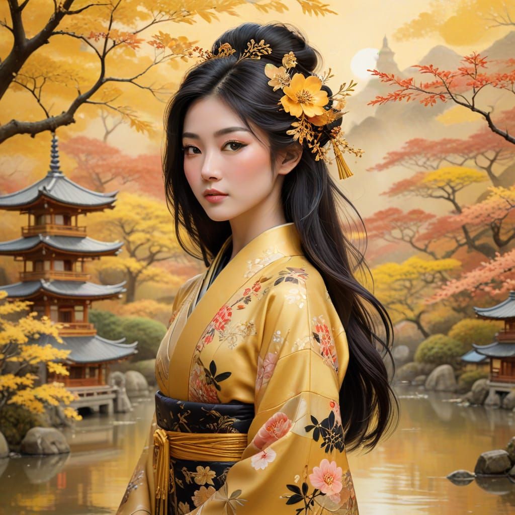 Japanese Woman in Kimono with Autumn Landscape