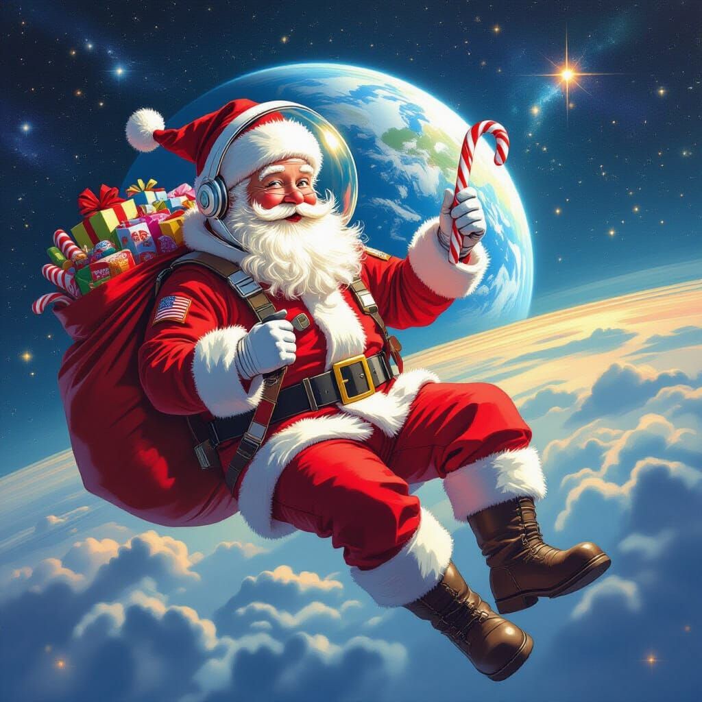 Santa Astronaut Floating in Space with Earth and Stars