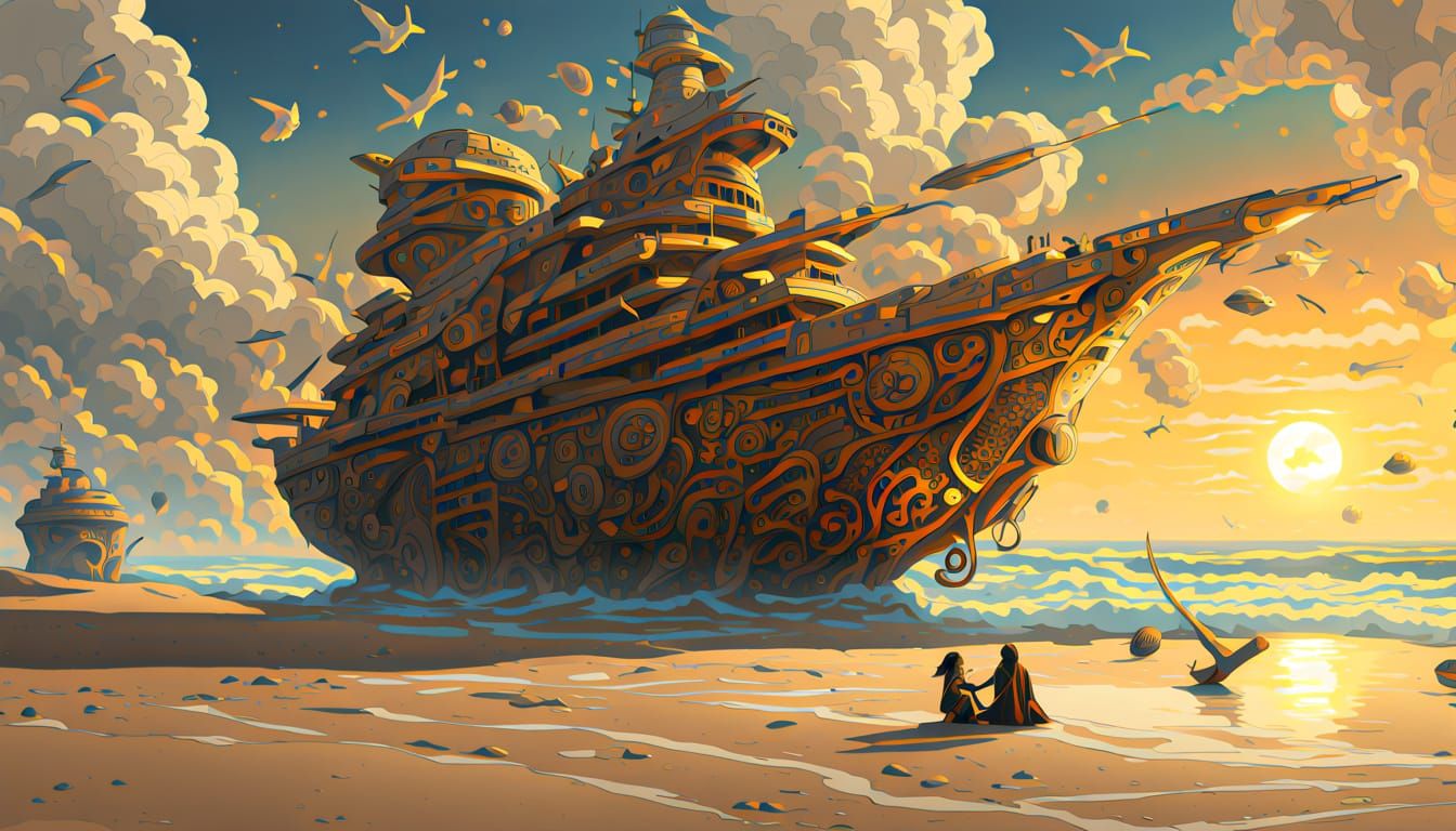 Duckling on Beach in Klimt-Inspired Art Nouveau