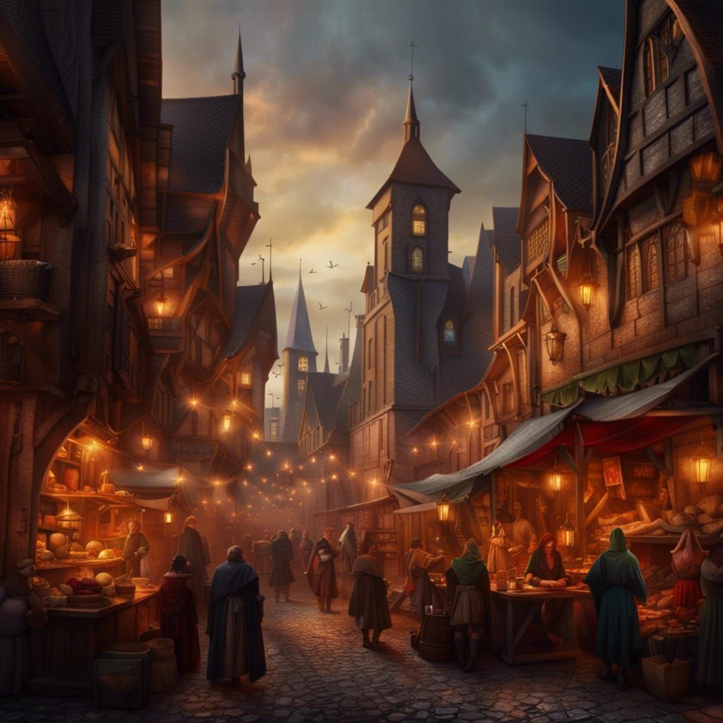 Bustling Medieval Marketplace in Vivid Colors