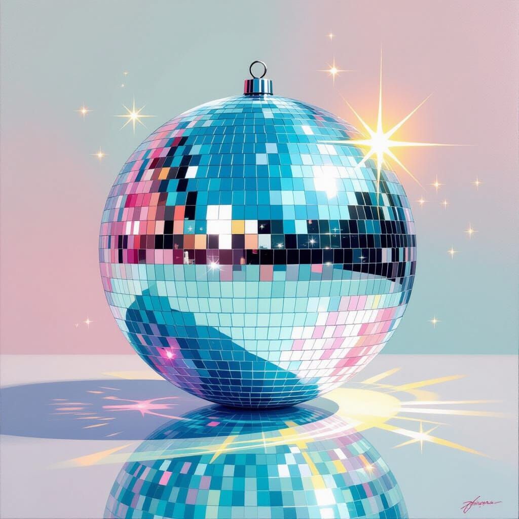 Ethereal Disco Ball Painting with 60s Elegance