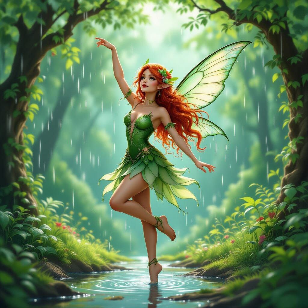 Enchanted Fairy Dancing in Summer Rain