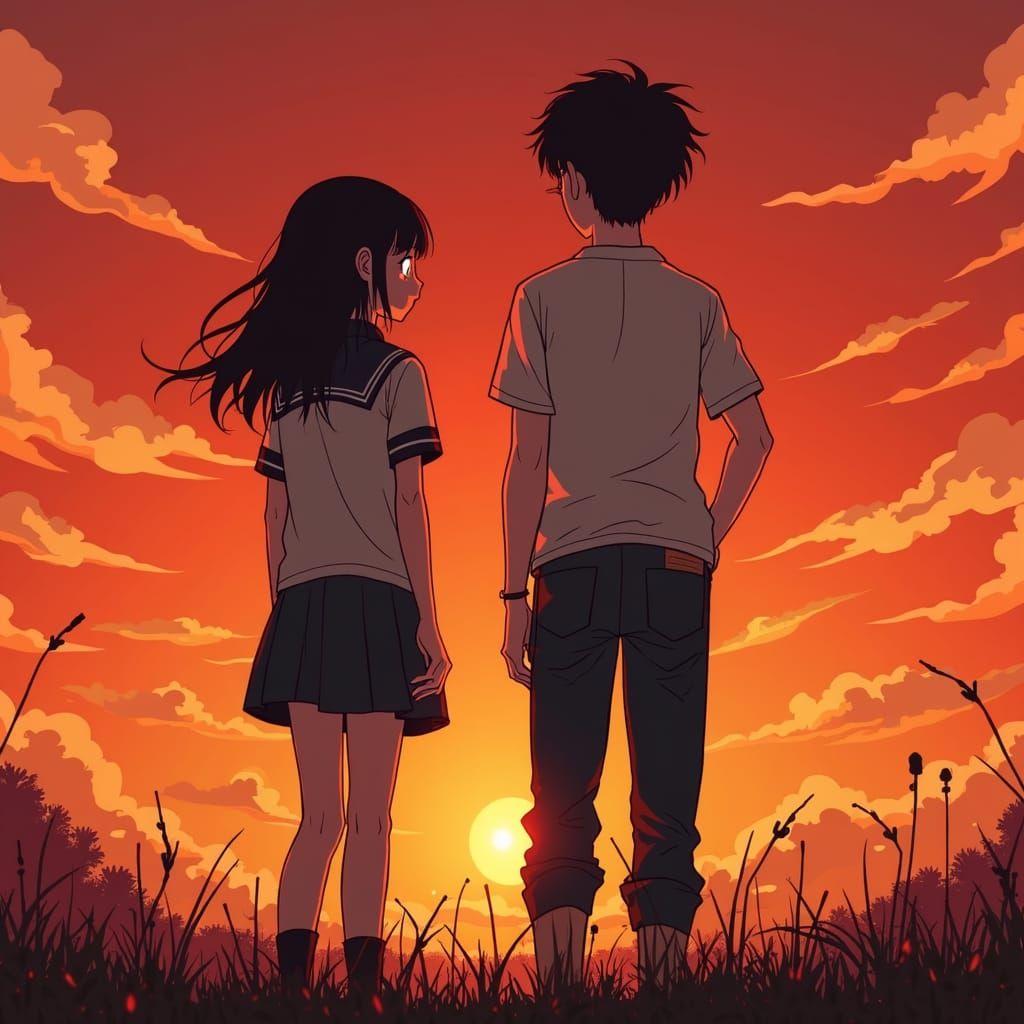 Horror Children at Sunrise: Anime-Inspired Illustration
