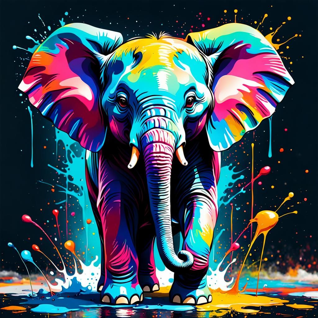 Vibrant Splash Paint Baby Elephant in Abstract Art