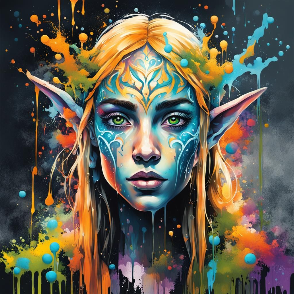 Polychromatic Elven Girl in Graffiti Art Style