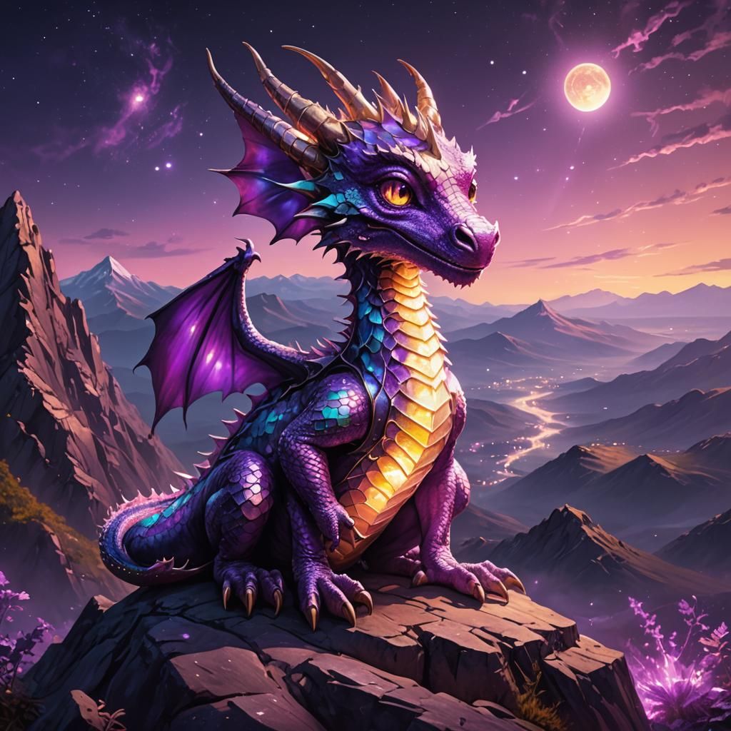 Luminescent Purple Baby Dragon Waiting on Mountain