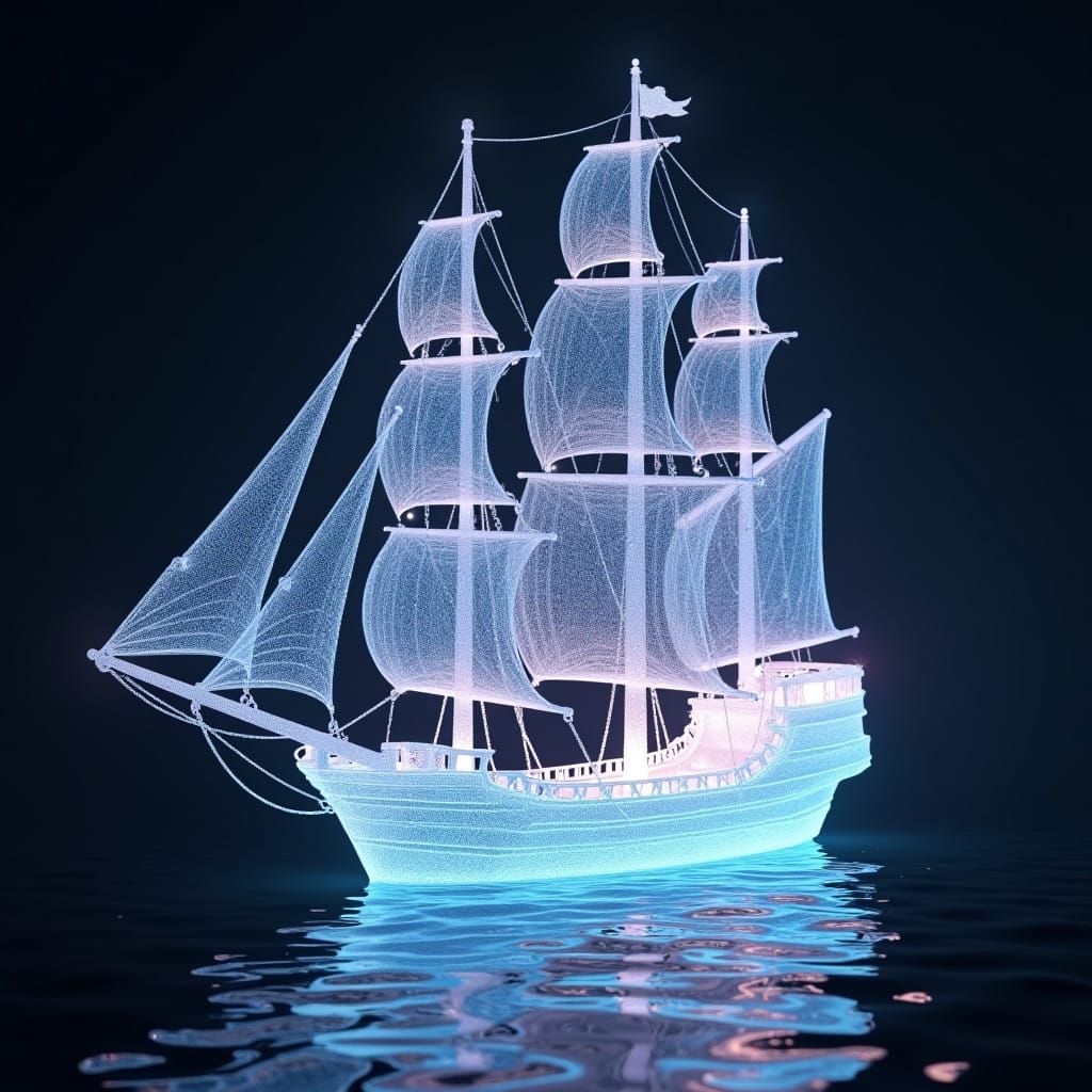 Surreal Holographic Pirate Ship in Cyberpunk Light Aesthetic