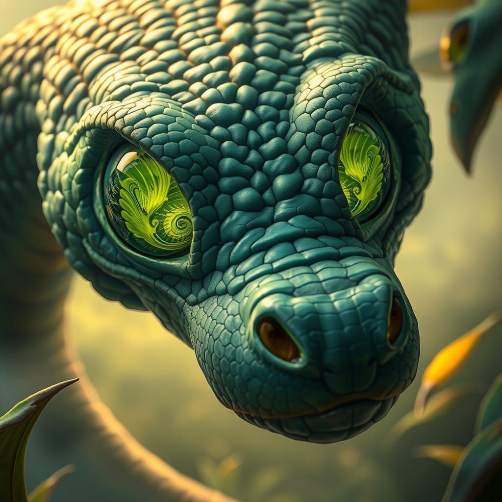 Serpent with Vibrant Green Eyes in Whimsical Leafy Iris