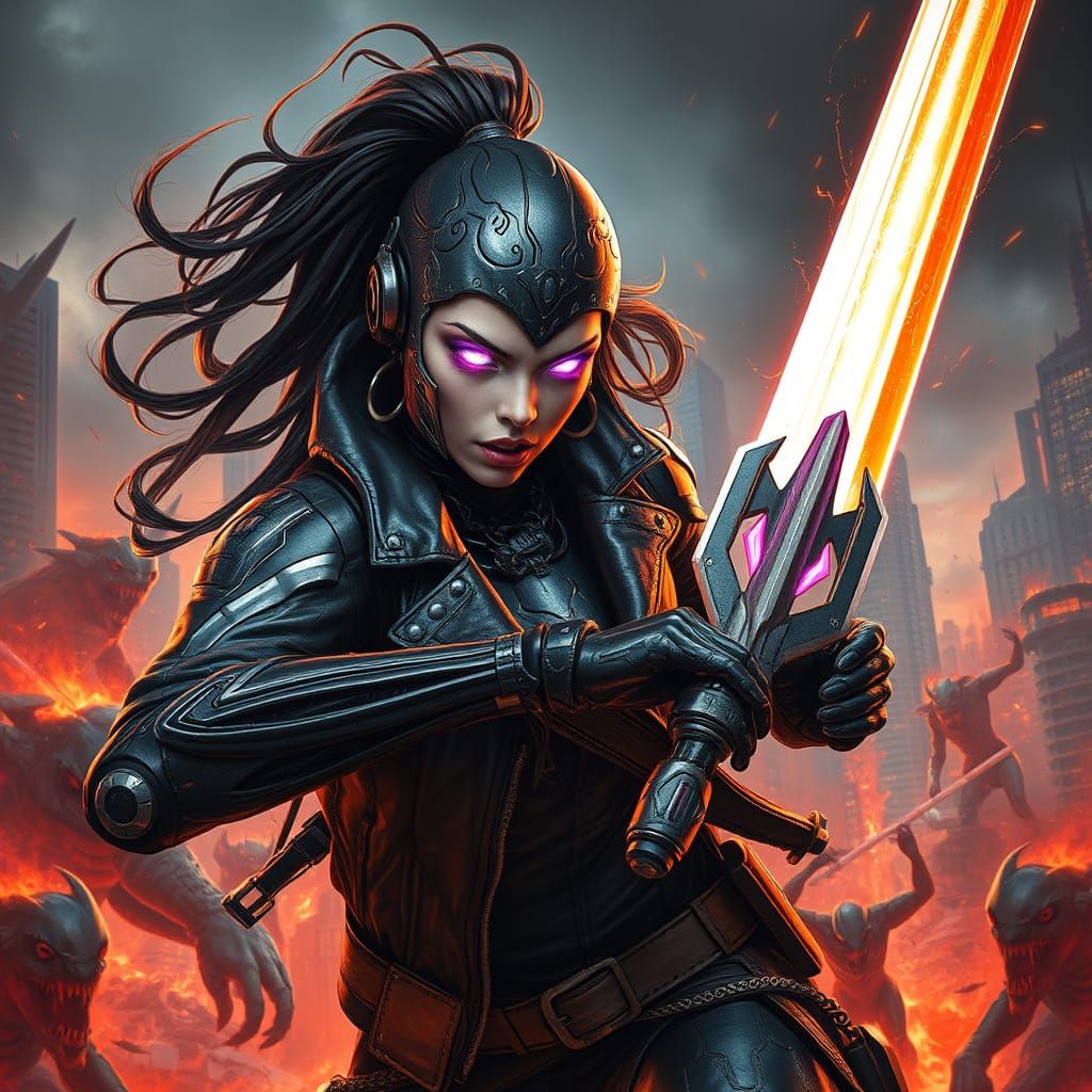 Cyberpunk Warrior in Hellish Battle