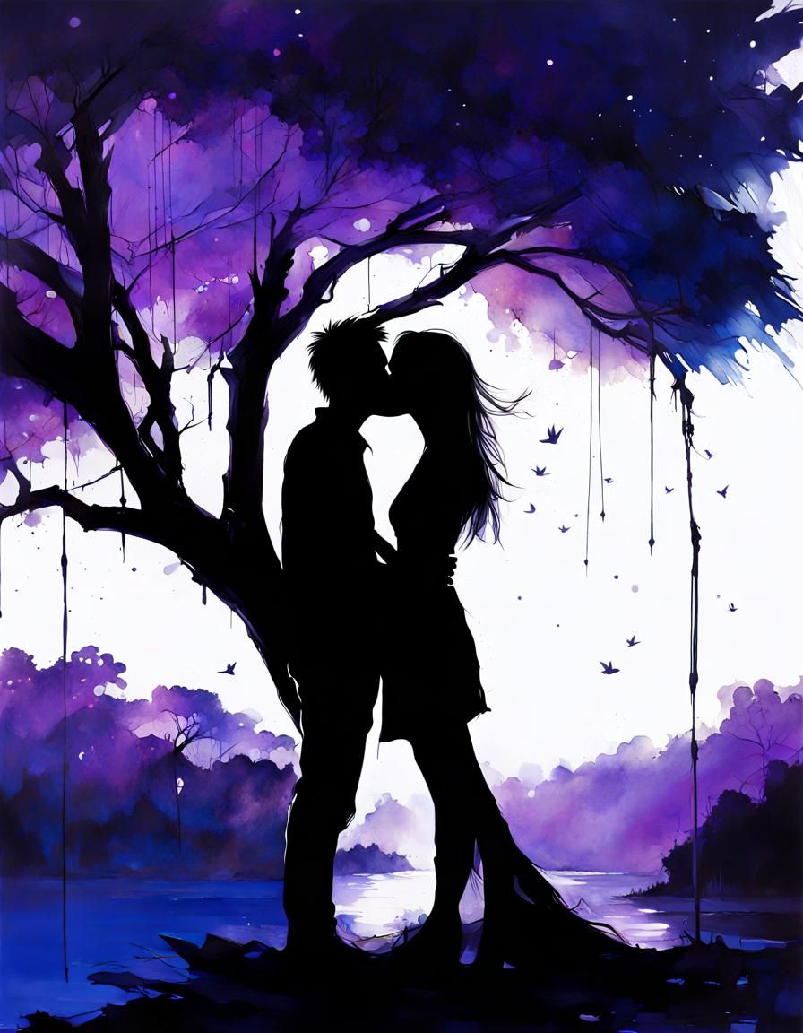 Romantic Couple Kissing Under Tree Silhouette Painting