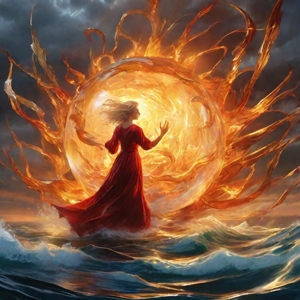 Fiery Figure Shatters Glass Orb at Sea