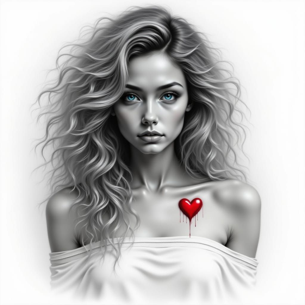 Ethereal Woman With Silver Hair and Red Heart Tattoo