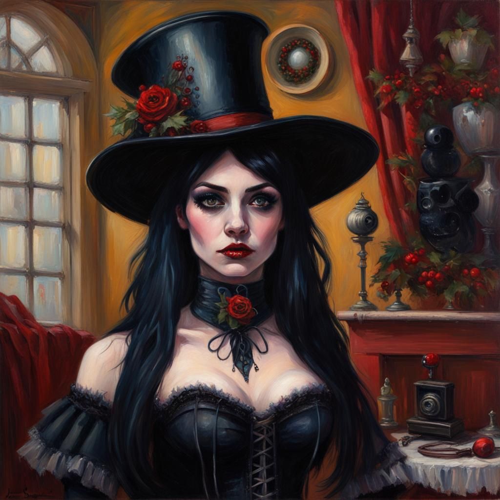 Goth Girl in Corset and Christmas Hat, Oil Painting