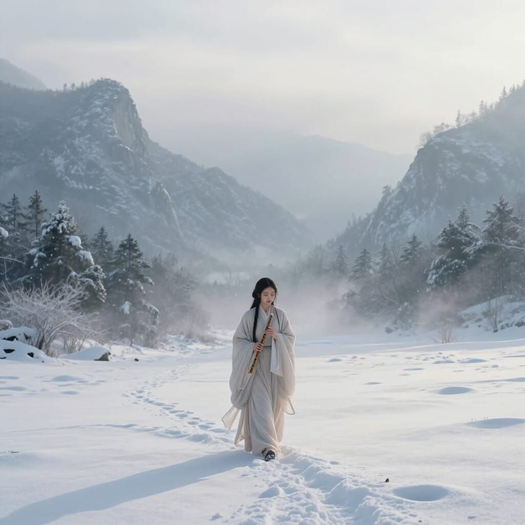 Solitary Traveler in Snowy Mountains with White Tiger Cub