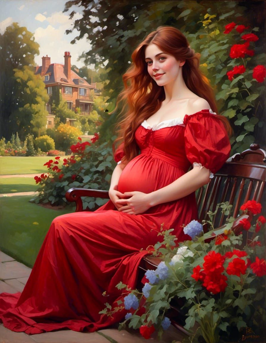 Victorian Pregnant Woman in Red Dress Portrait