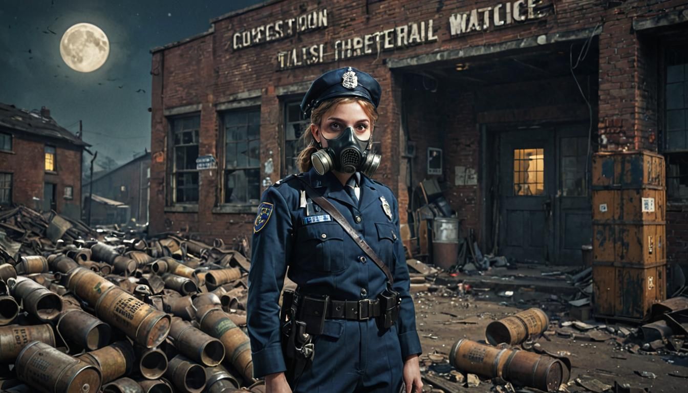 Grimdark 1940s Police Officer in Ruined Wasteland