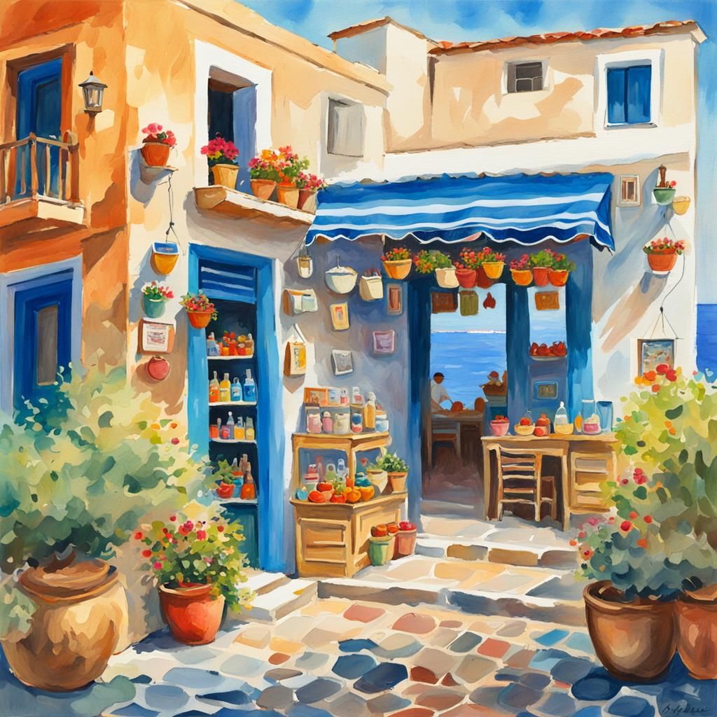Greek Souvenir Shop in Gouache Style