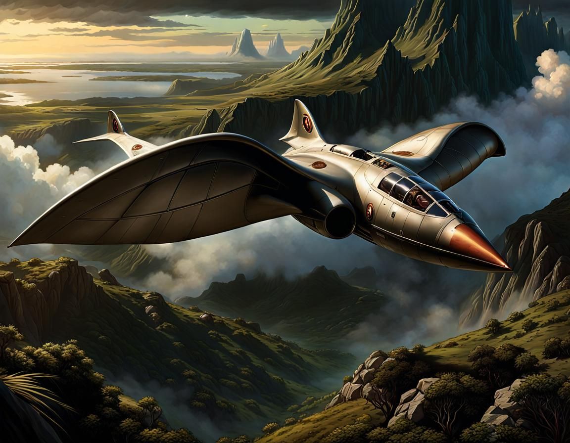 Dieselpunk Flying Wing Aircraft in Art Deco Style