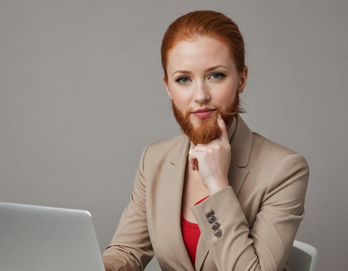 Ginger Woman with Red Beard in Office