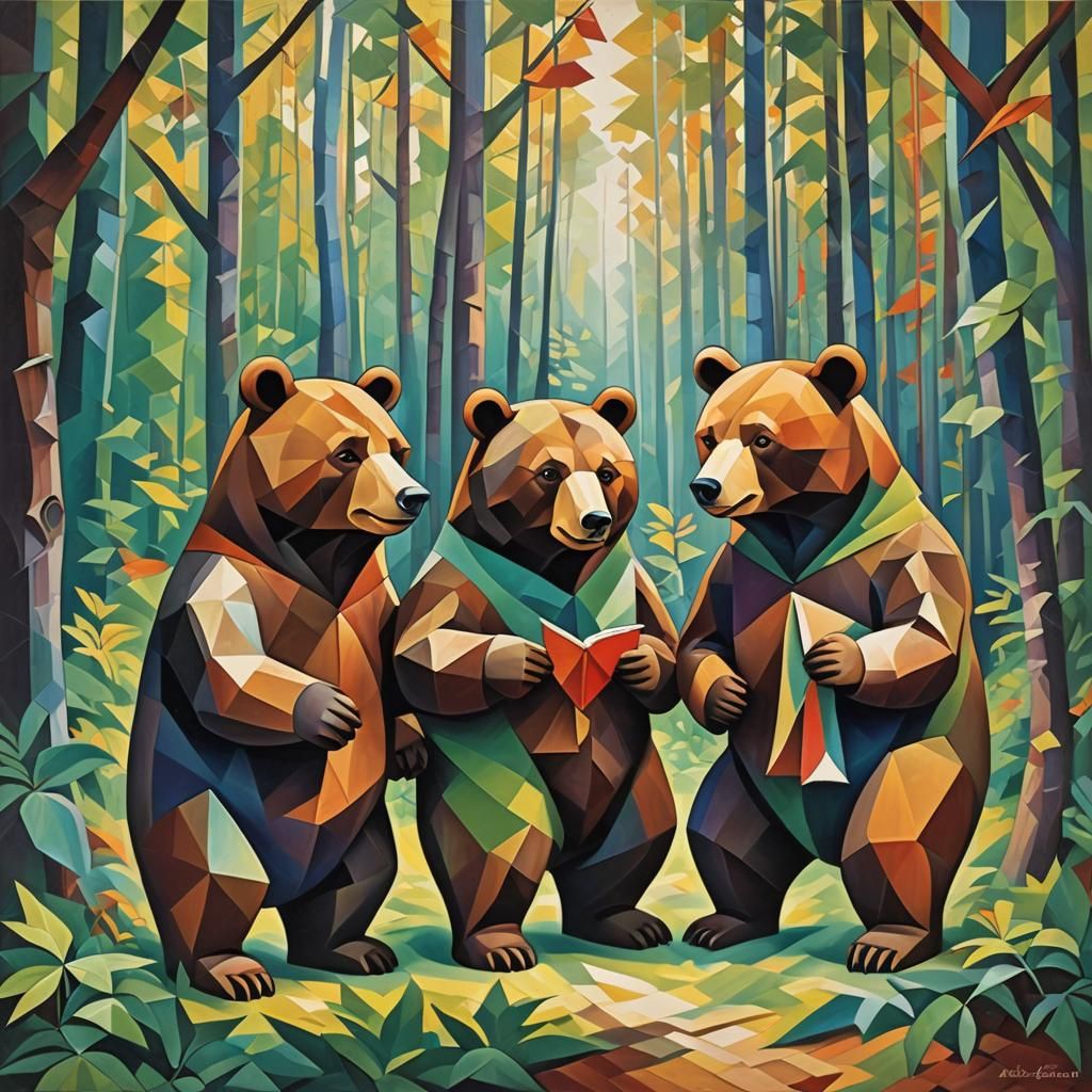 The Three Little Bears in Abstract Cubism Style
