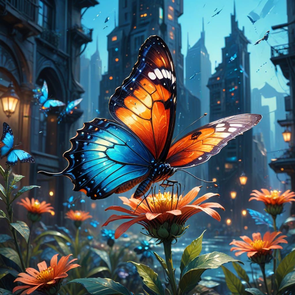 Bioluminescent Butterfly in Futuristic City, Detailed Matte ...