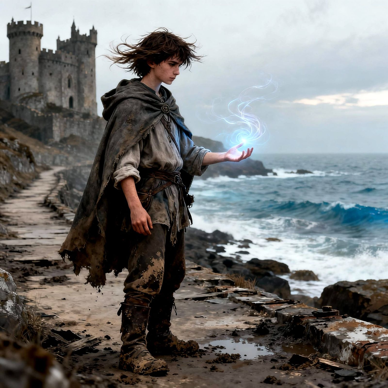 Sorcerer on Gritty Coastal Path with Subtle Magic
