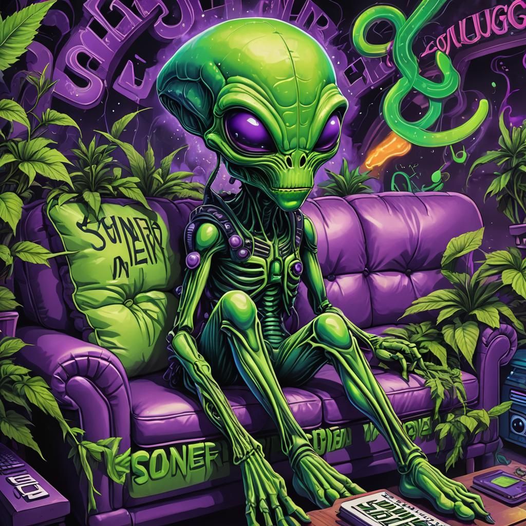 Psychedelic Alien in Stoner Lounge: Digital Art