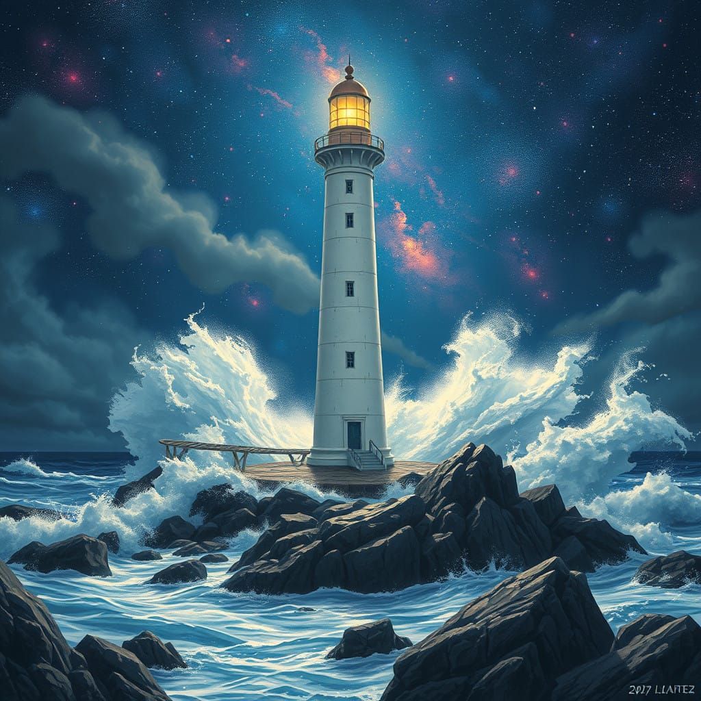 Surreal White Lighthouse Stands Tall Against Turbulent Fanta...