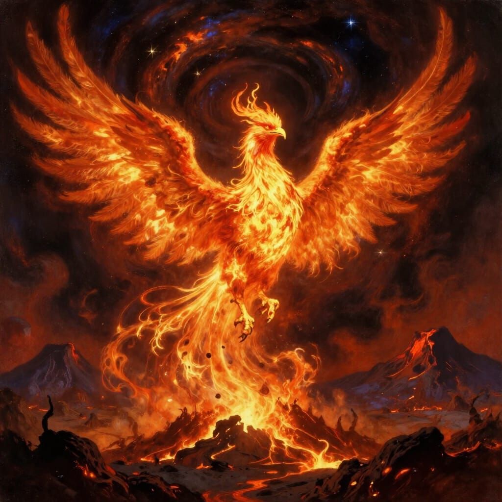 Majestic Phoenix Rises From Embers in Volcanic Wasteland