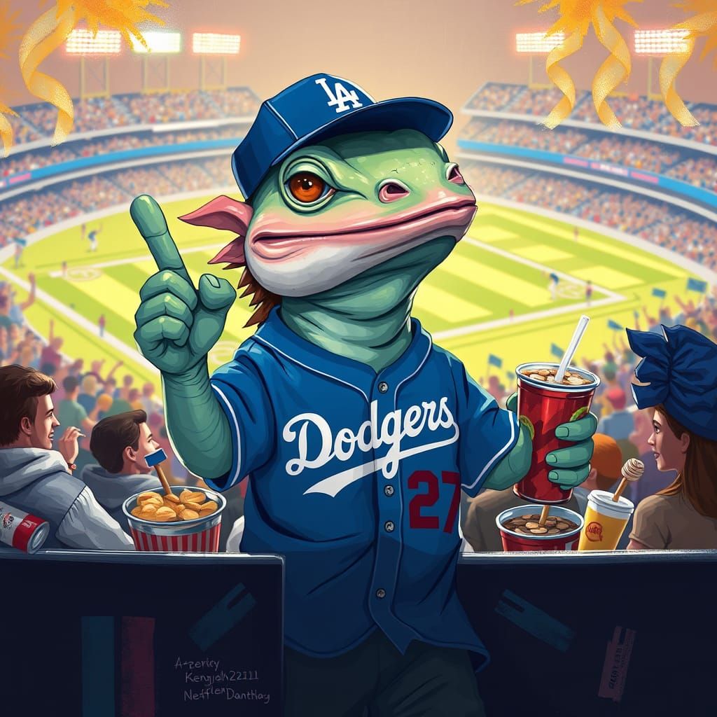 Axolotl Cheers on the Dodgers in Vibrant Stadium