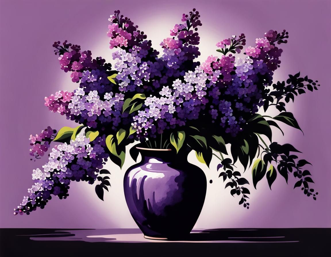 Purple Lilacs in Vase, Chinese Ink Painting