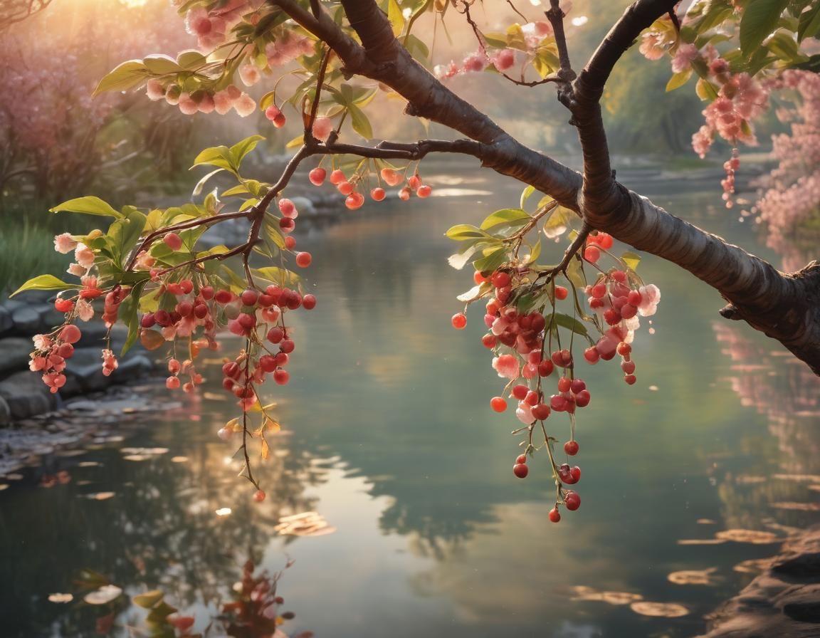 Watercolor Cherry Tree Branch at Sunset