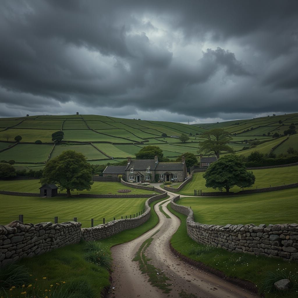English Countryside Road to Quaint Cottages Under Stormy Sky