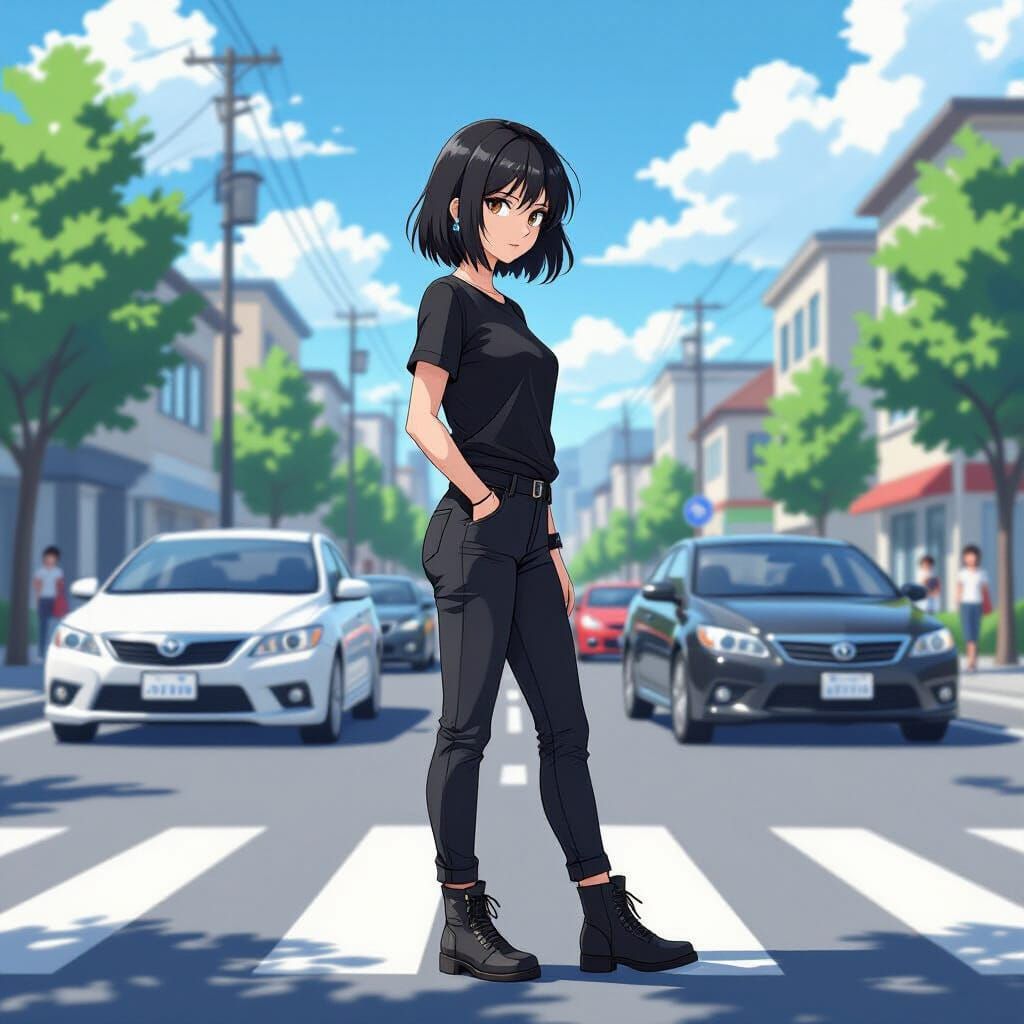 Anime Woman Crossing Street Amidst Evil Cars