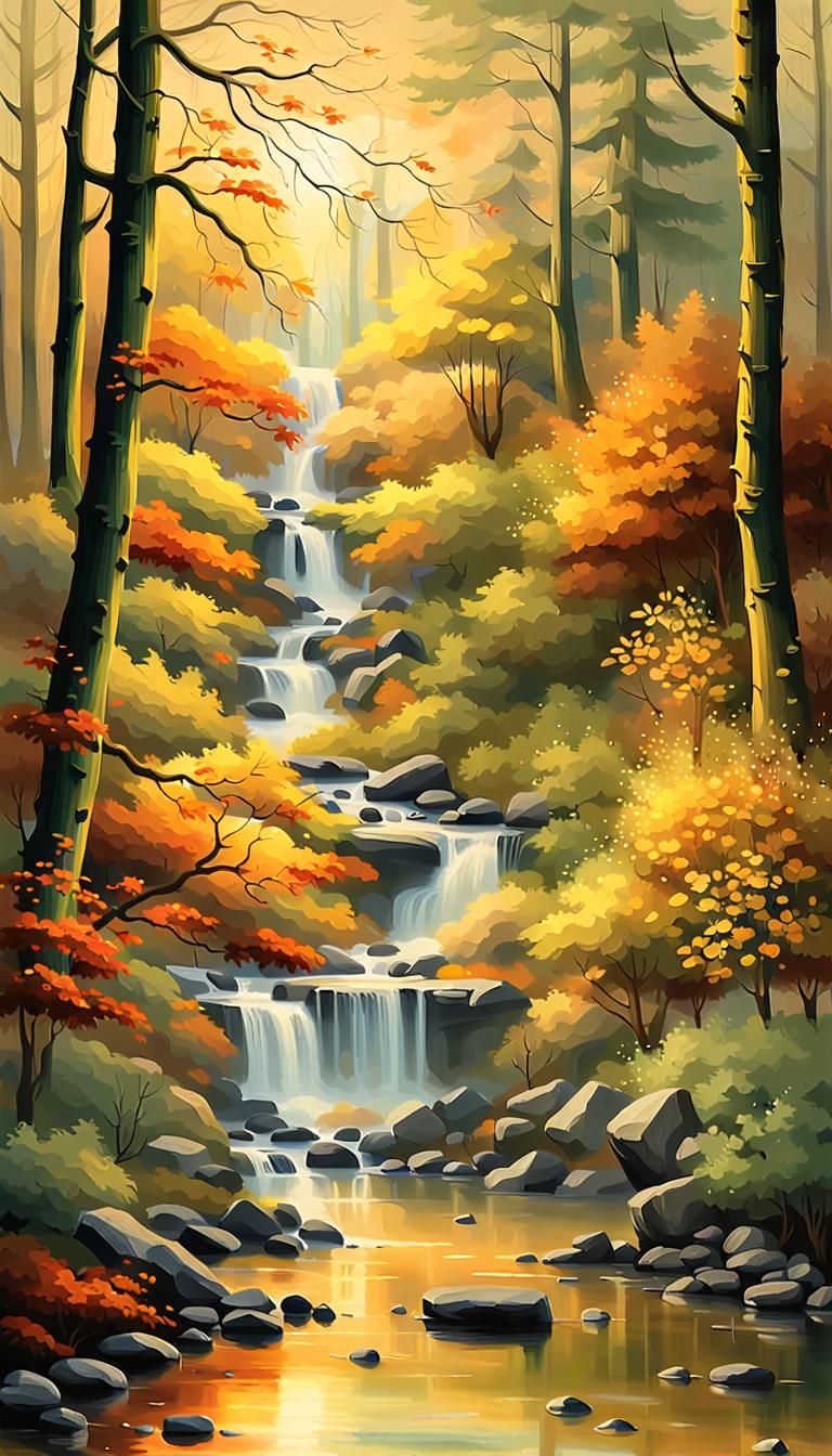 Tranquil Waterfall Landscape Painting in Impressionist Style