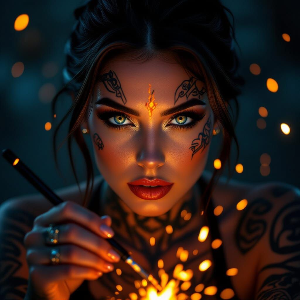 Intense Woman with Fiery Sparks and Tattoos