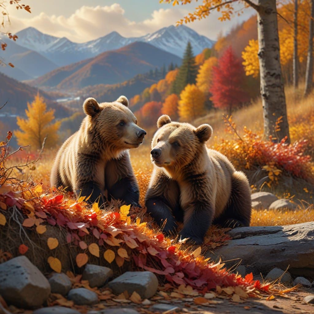 Adorable Bear Cubs Play in Autumn Leaves