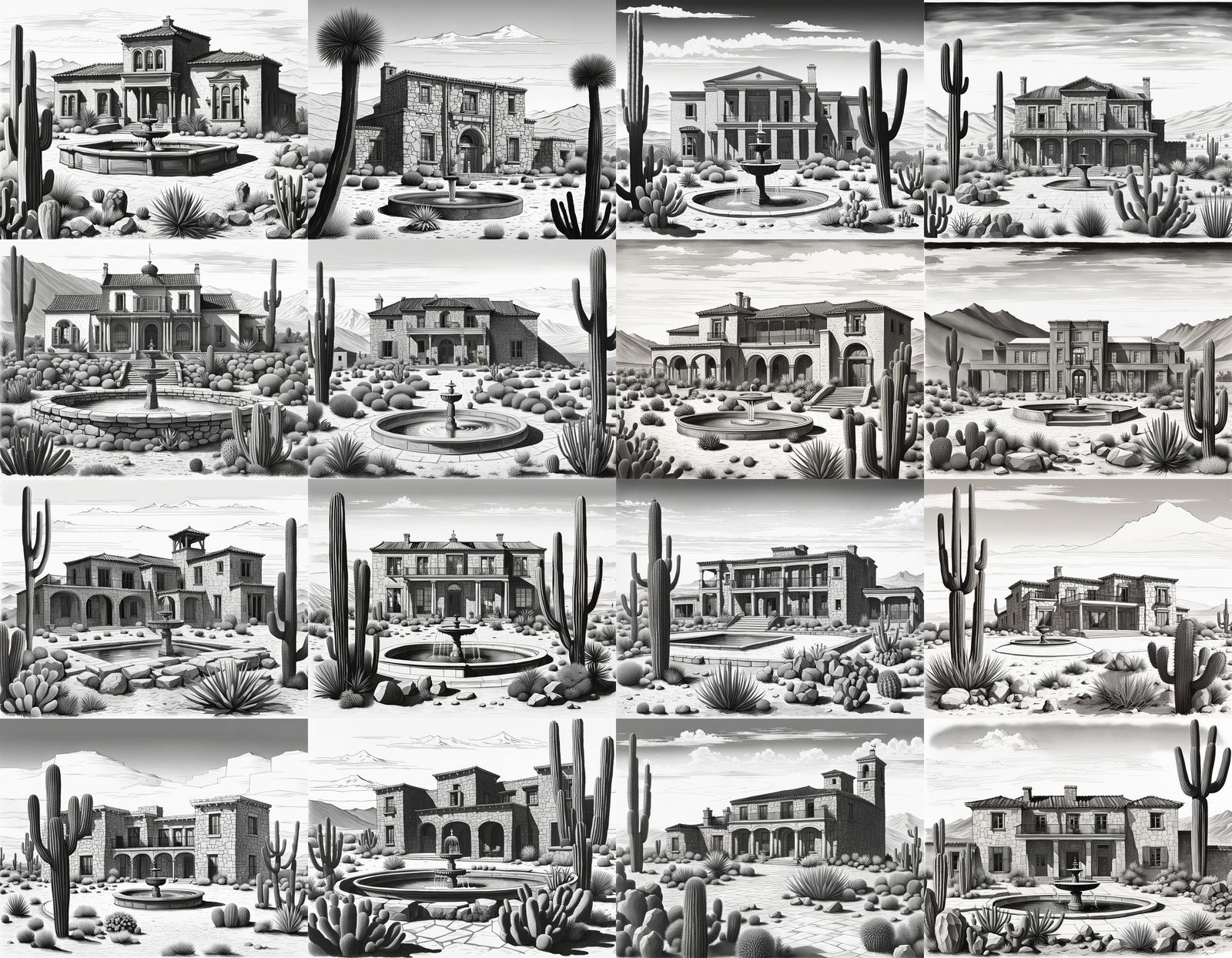 Desert Stone House: Black and White Drawing