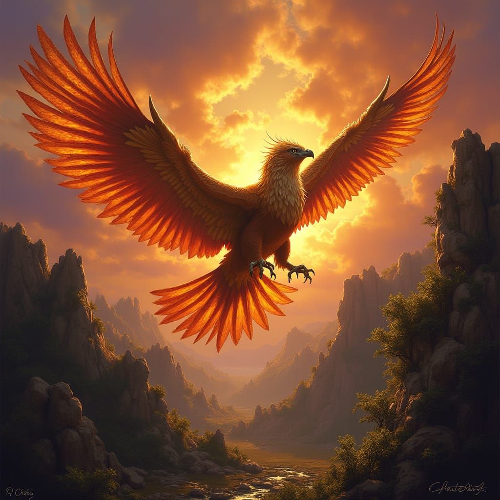 Griffin Soaring Through Sunset Sky, Fantasy Art
