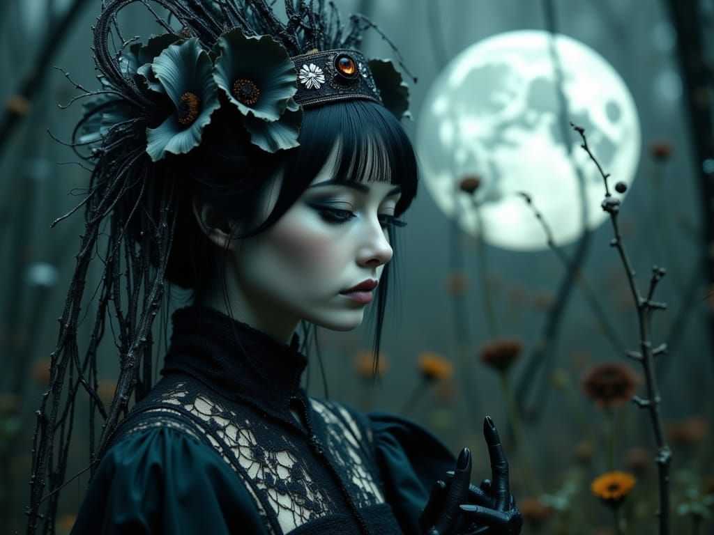 Ethereal Gothic Woman in Moonlit Dark Fairytale