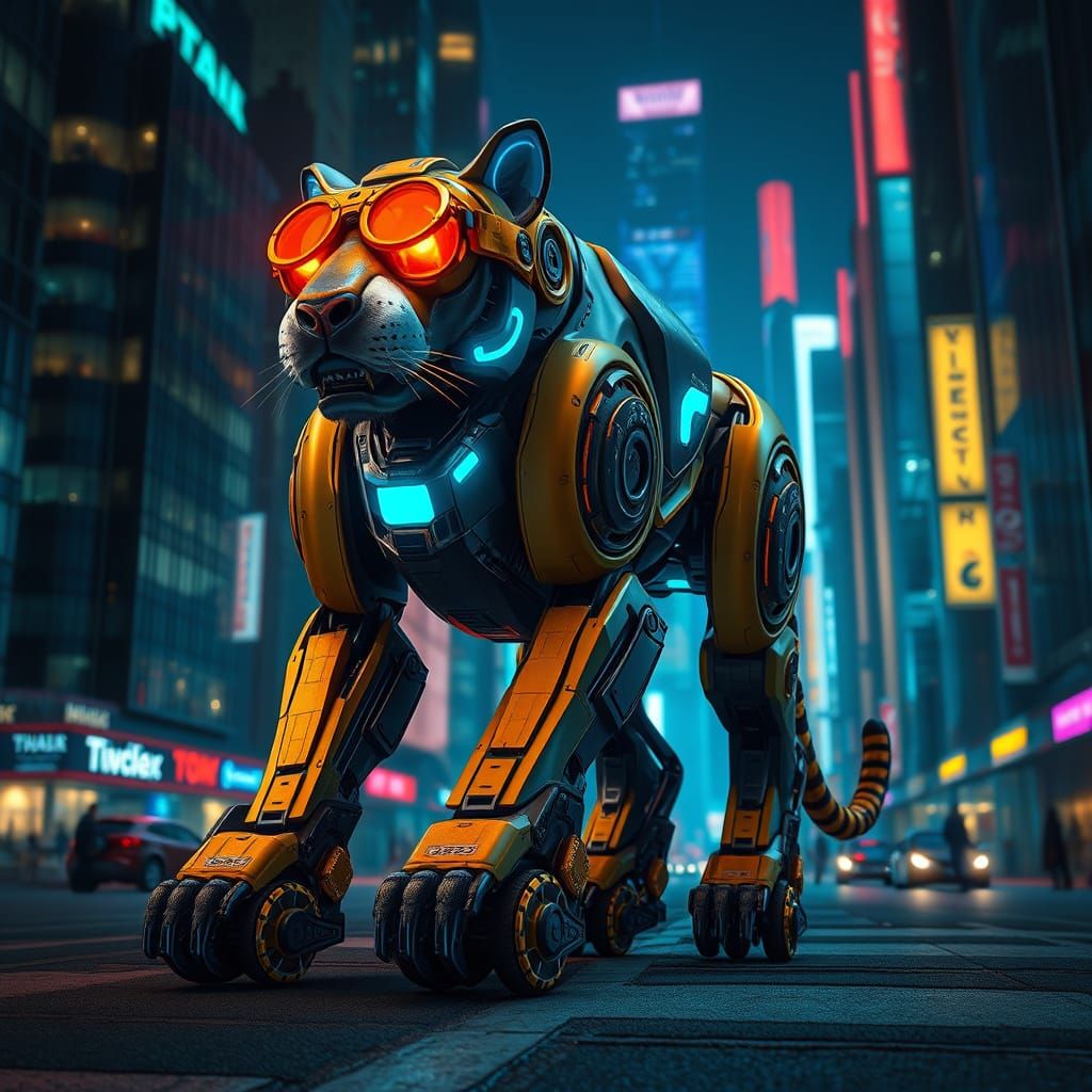 Robotic Tiger Dominates Cyberpunk Cityscape in Futuristic Gl...