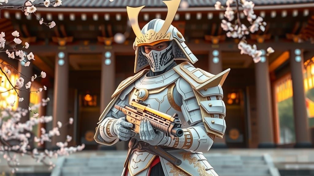 Cyber Samurai Master Guards Ancient Temple with Futuristic H...