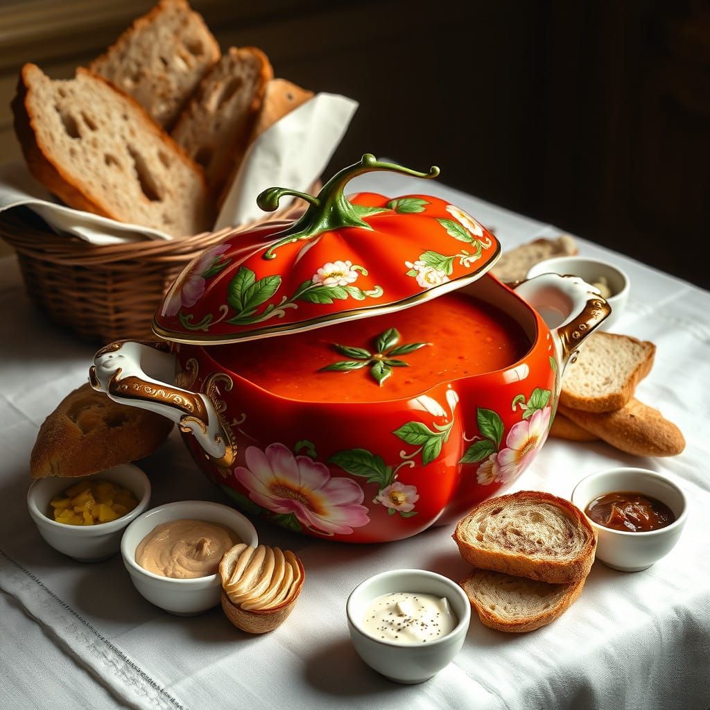 Vibrant Porcelain Tureen Dish with Tomato Soup and Artisanal...