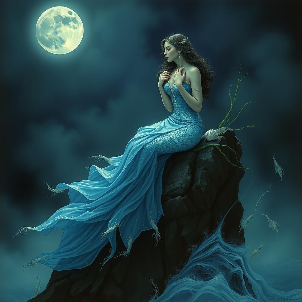 Moonlit Mermaid in Pre-Raphaelite Style