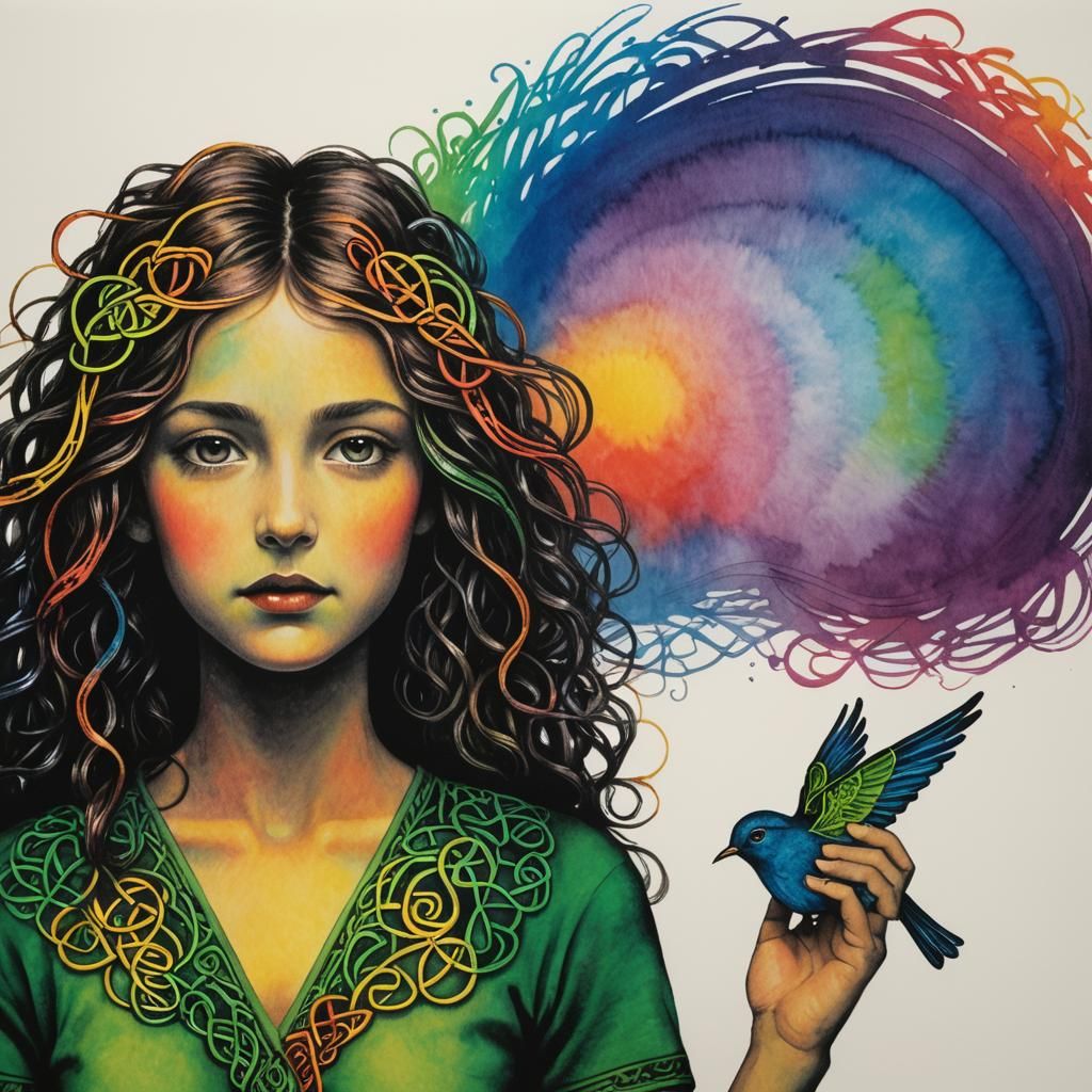 Surreal Celtic Bird Silhouette with Rainbow Fairy