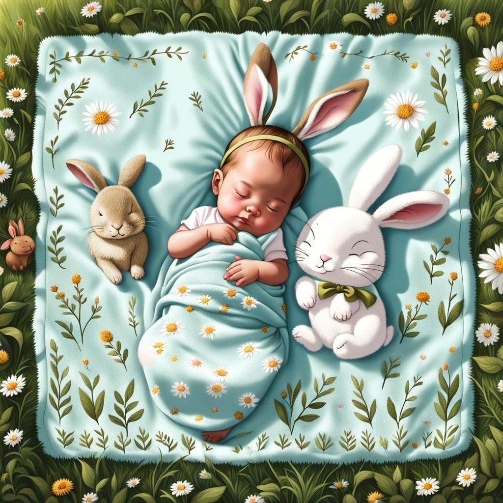Baby Girl with Antlers and Bunny in Meadow